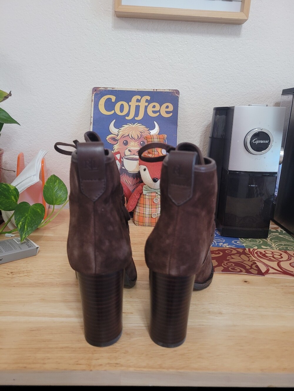 New Lauren Ralph Lauren Mable Suede Lace Up High Heel Ankle Boots Brown 6.5 - Picture 4 of 6